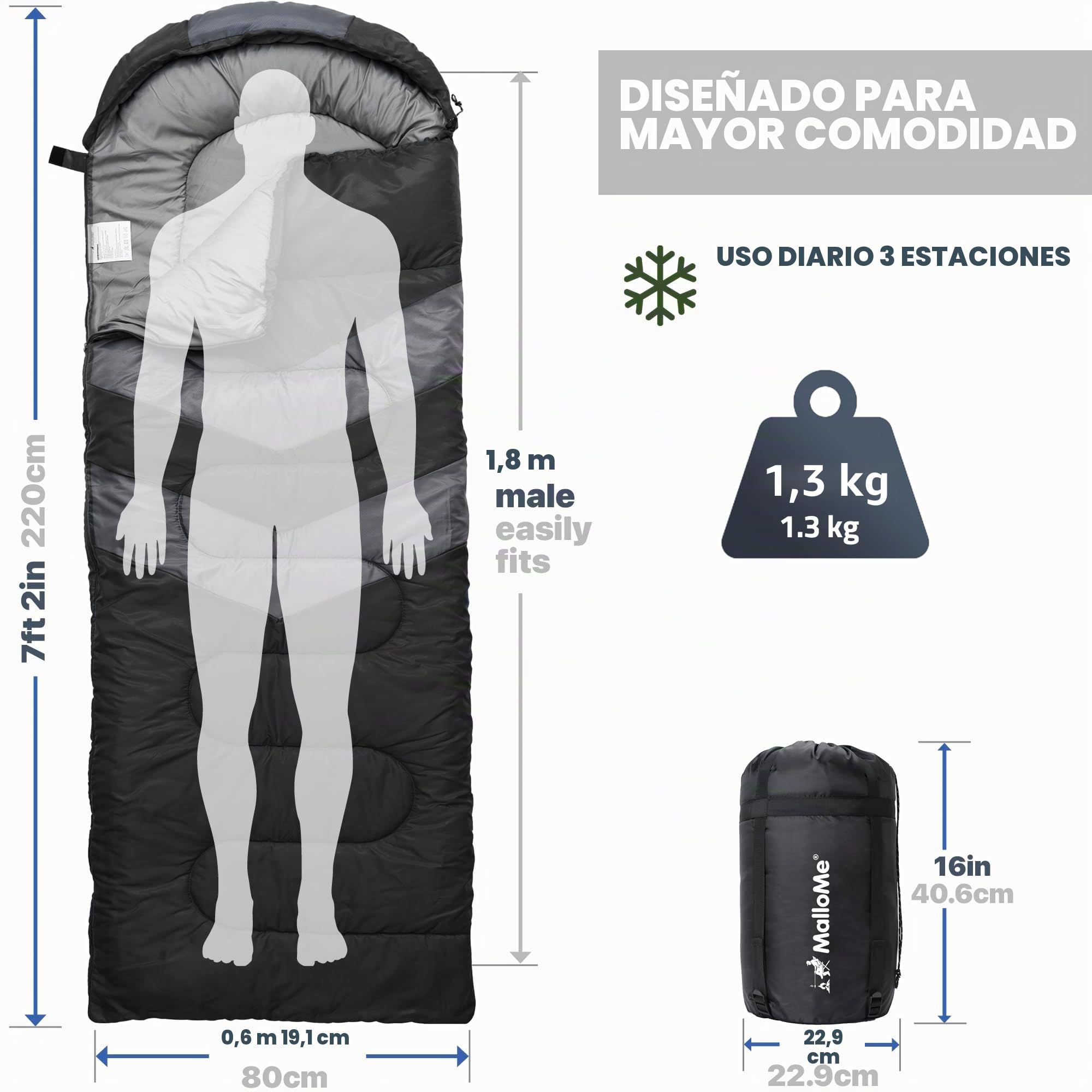 MalloMe – Saco de Dormir para Adulto, niño, Invierno, Verano, Primavera, otoño, plumón para 1 Persona, Impermeable, Bolsas de Dormir y Senderismo – Bolsa de Dormir Ultraligera, compacta para Dormir