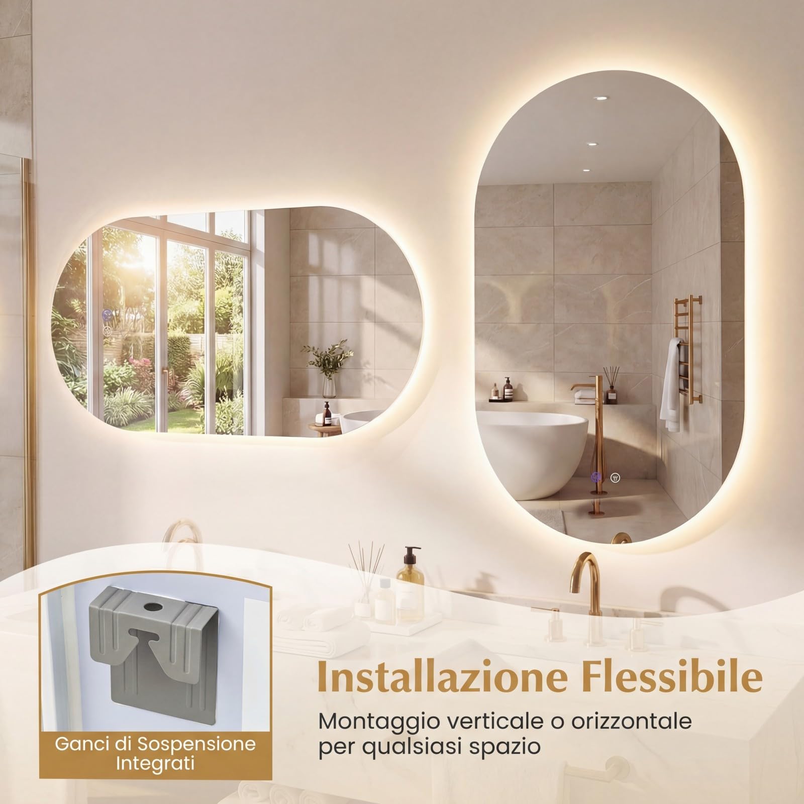 COSTWAY Specchio per Bagno con Luce 90 x 55 cm, Specchio Ovale da Parete Infrangibile con Oulsanti Touch, 3 Colori Dimmerabili, Antiappannamento e Vetro Temperato HD IP44 (90 x 55 cm, Modello 4)