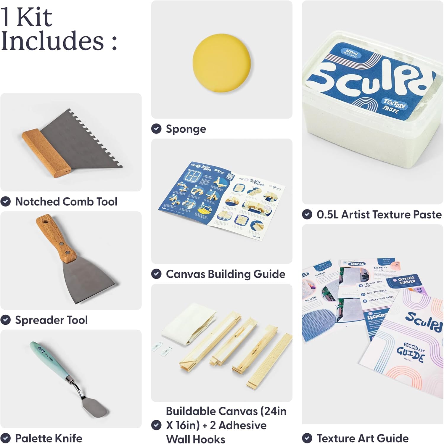 Sculpd Kit d'art complet pour toile texturée avec pâte de texture, toile, couteau à palette, crochets muraux, outils d'artisanat, vidéos et guide du débutant – Cadeau pour adultes, adolescents, hommes
