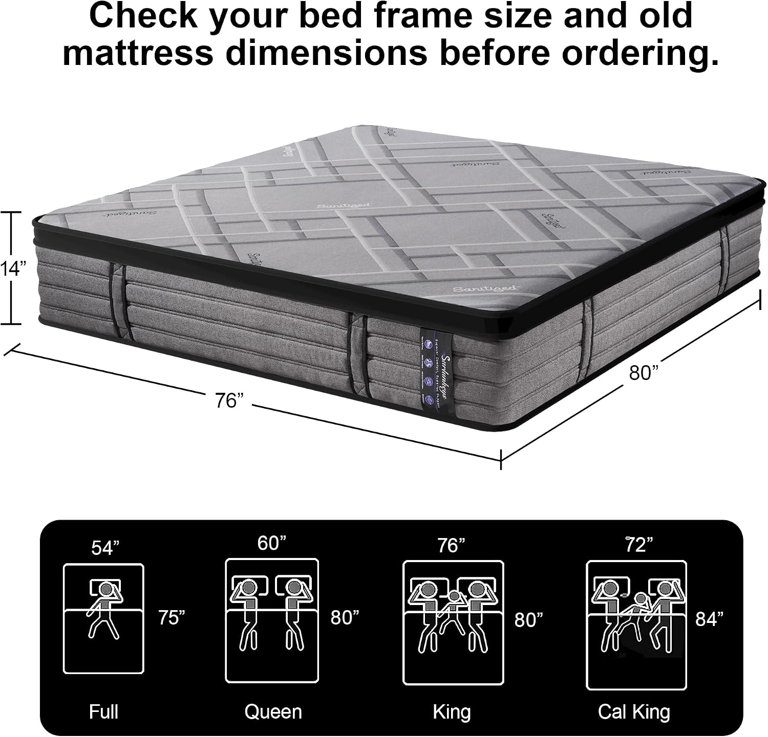 King Size Mattress Medium - 14 Inch Hybrid Mattress with Gel Foam Strong Edge Support 120-night Trial, CertiPUR-US Certified
