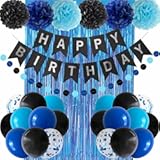 ANSOMO Blue and Black Happy Birthday Party Decorations for Boys Men Banner Balloons Navy Royal Light Blue Pom Poms Foil Curtain Décor Supplies 13th 16th 18th 20th 30th 40th 50th 60th 70th 80th