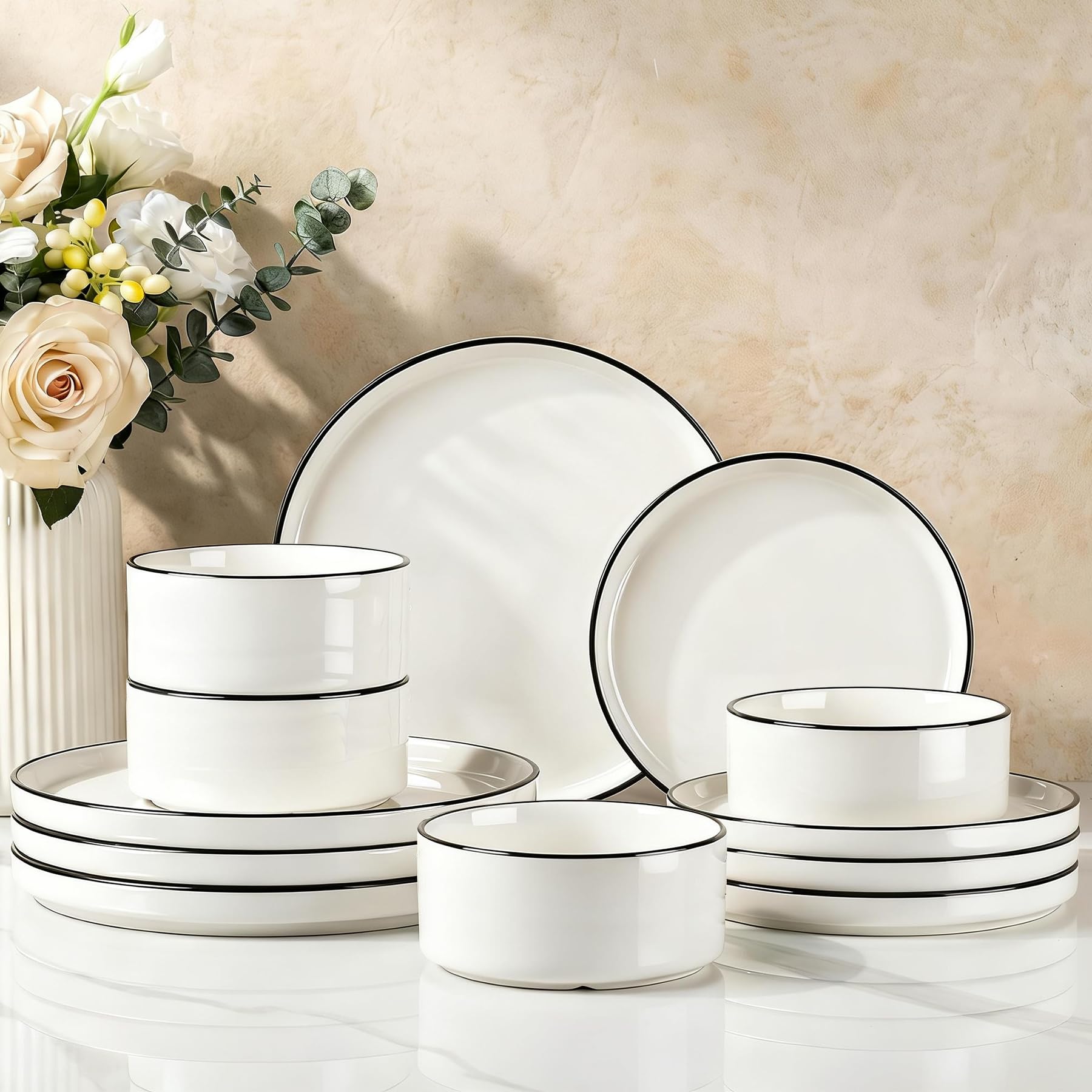 Famiware Porcelain Set White with Black Trim