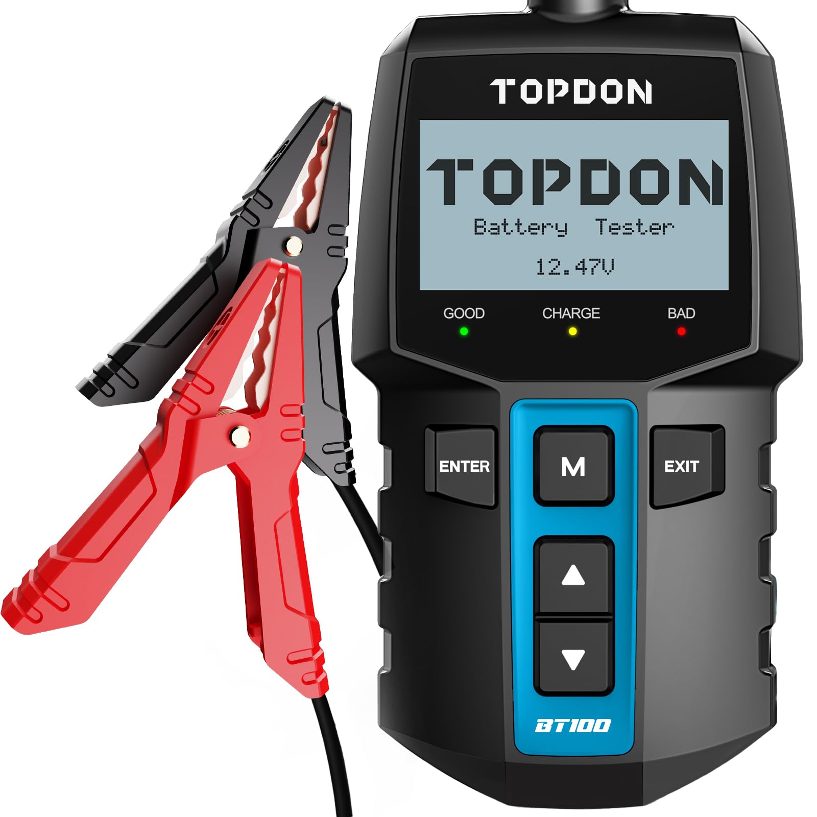 TOPDON BT100 Car Battery Tester, 12 V Battery Tester with 100-2000 CCA Battery Test, Crank Test, Charging System Test for Car, ATV, SUV, Car, Truck, Boat, Black