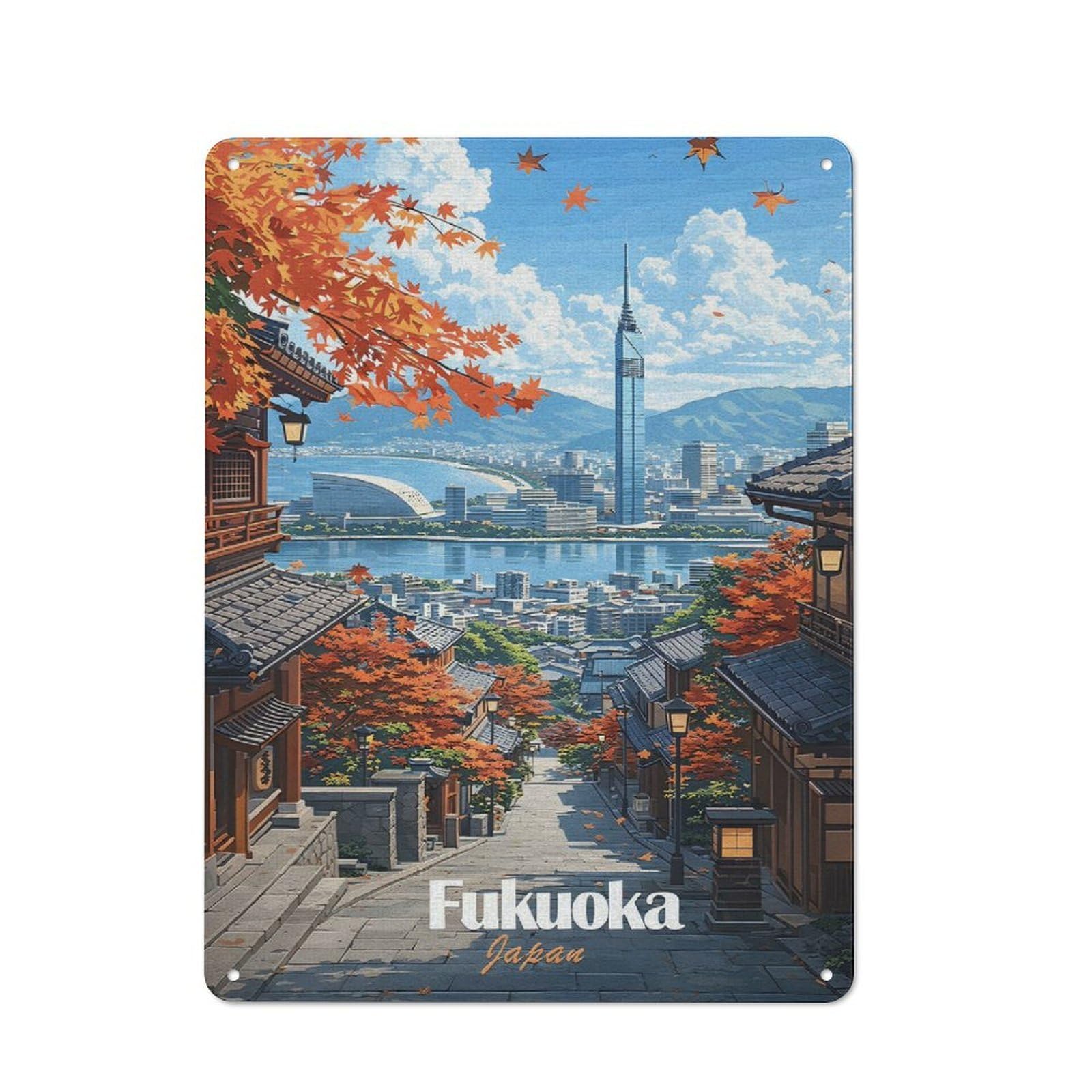 Cottage Style Fukuoka Cityscape with Autumn Leaves Decorative Tin Sign 40x30cm, Rustic Kitchen Decor for Kitchen, Cottage, Porch Or Garden Room
