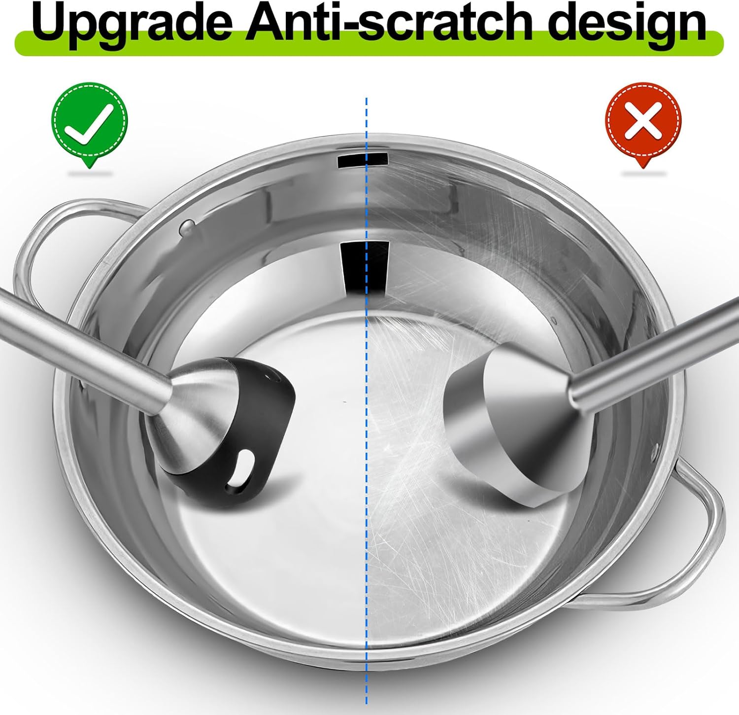 Comparison showing a pot with scratches from a standard blender and a pot without scratches using the anti-scratch design.