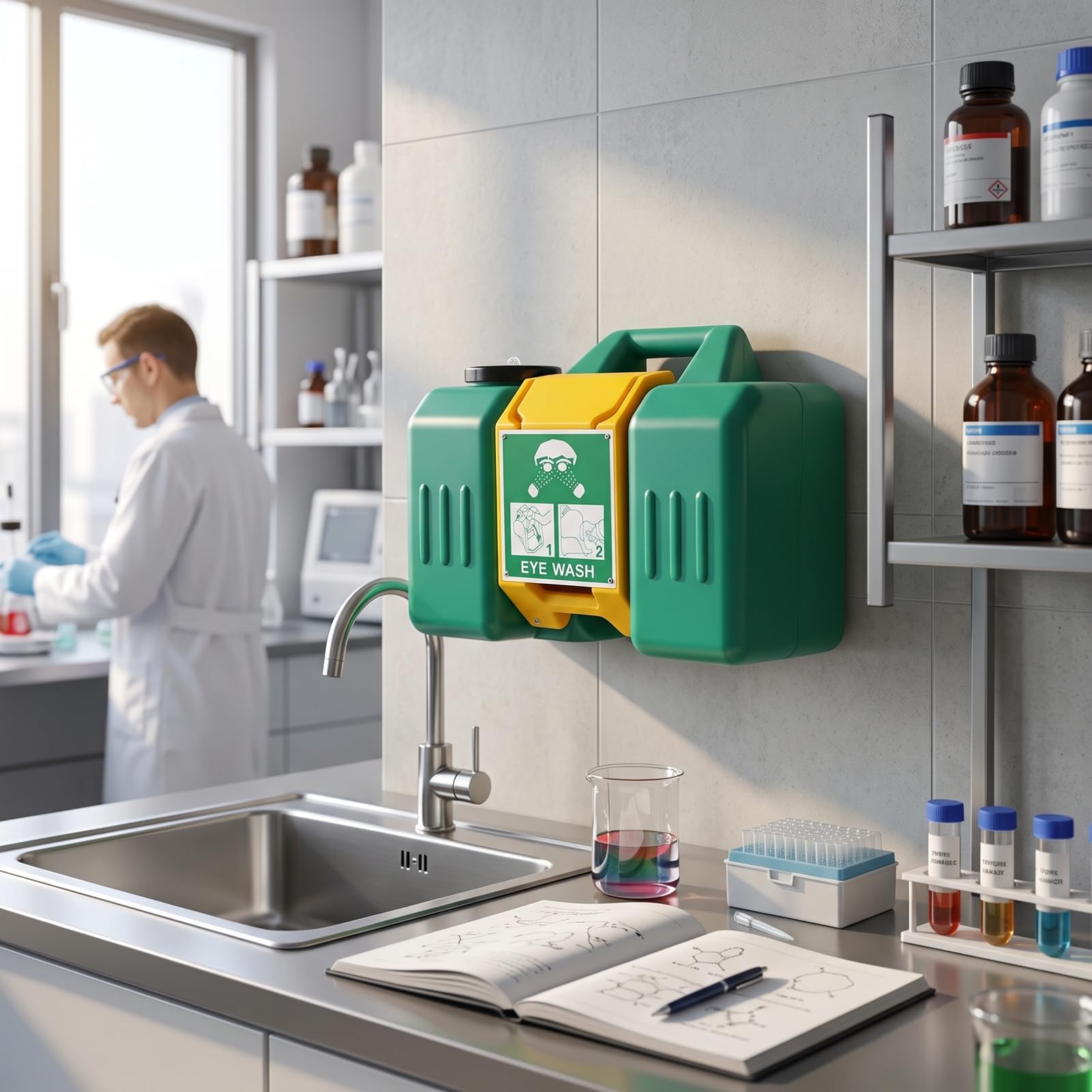 GOWENIC Estación de Lavado de Ojos Montada en la Pared 35L, Estación de Lavado de Ojos de Emergencia Portátil para Laboratorio Industrial, Lavaojos de Seguridad Activado por Gravedad Compatible con