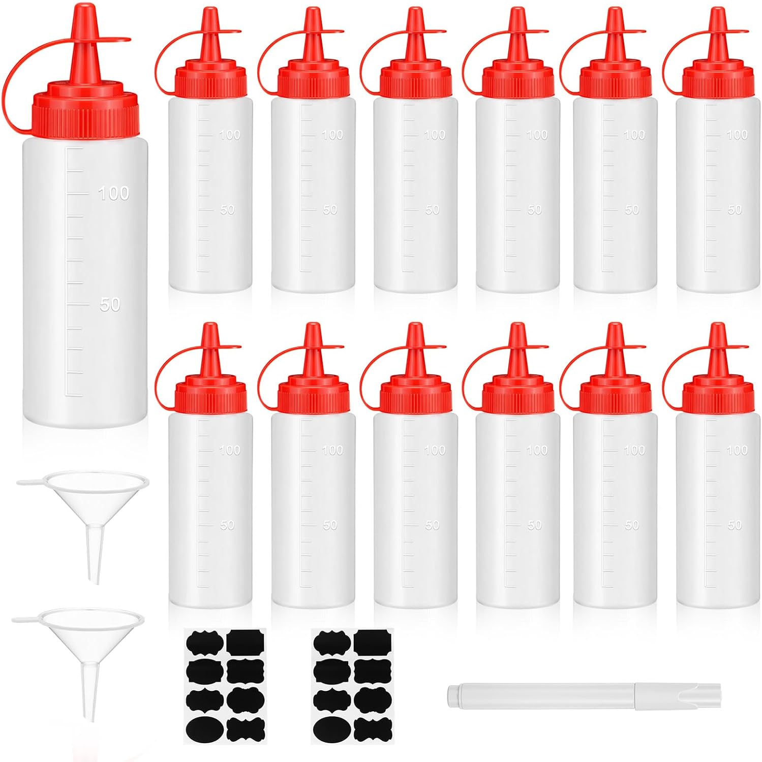12 Botellas Plástico 4 oz con Tapas, Embudos y Etiquetas