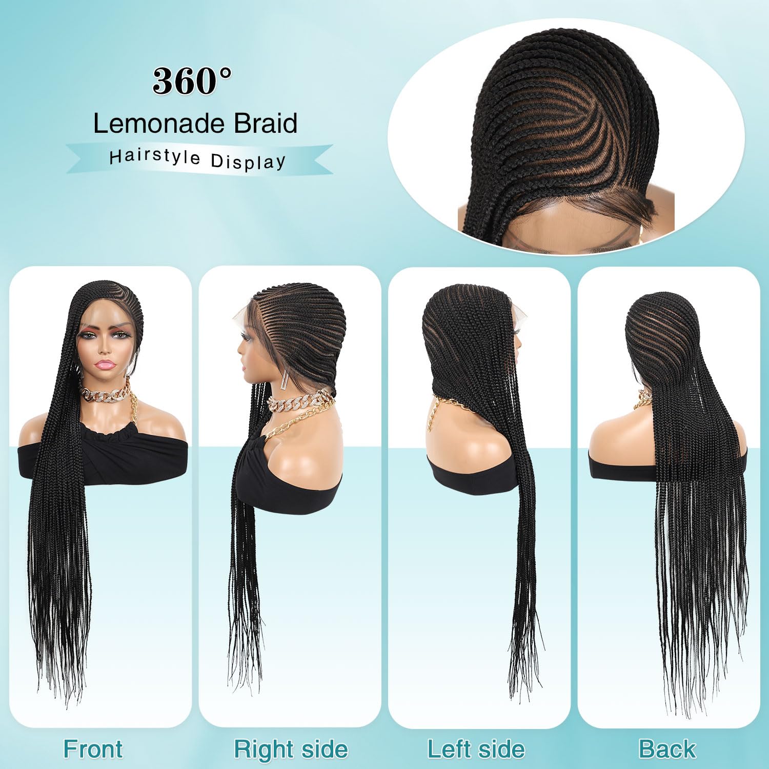 Kalyss Full Lace Cornrow Braided Wigs for Black Women Lemonade Cornrow Braided Wig Box Braid Wig with Baby Hair Natural Black Braided Wig for Daily Wear, 36 inches 360°HD Full Lace