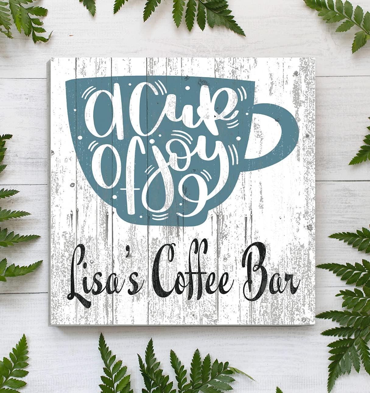Coffee Bar Sign Personalized Kitchen Decor Coffee Lover Gift Idea SOLID WOOD - 10.5in x 10.5in (Blue)