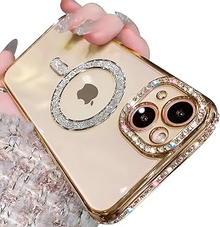 für iPhone 13 Pro Max Hülle Glitzer Magnetische Handyhülle mit Sparkly Bling Diamant Transparent Schutzhülle für Mädchen Kompatibel mit Mag-Safe, Luxuriös Kameraschutz Stoßfest Case, Gold