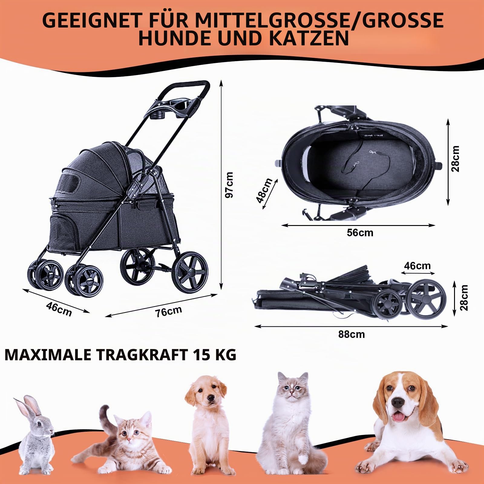 Hundewagen Faltbarer Hundebuggy Hundebox Transporttasche bis 15 Kg Haustier Buggy mit Netzfenstern Haustier Transportwagen Hunde Jogger Buggy Katzen Wagen(Schwarz)