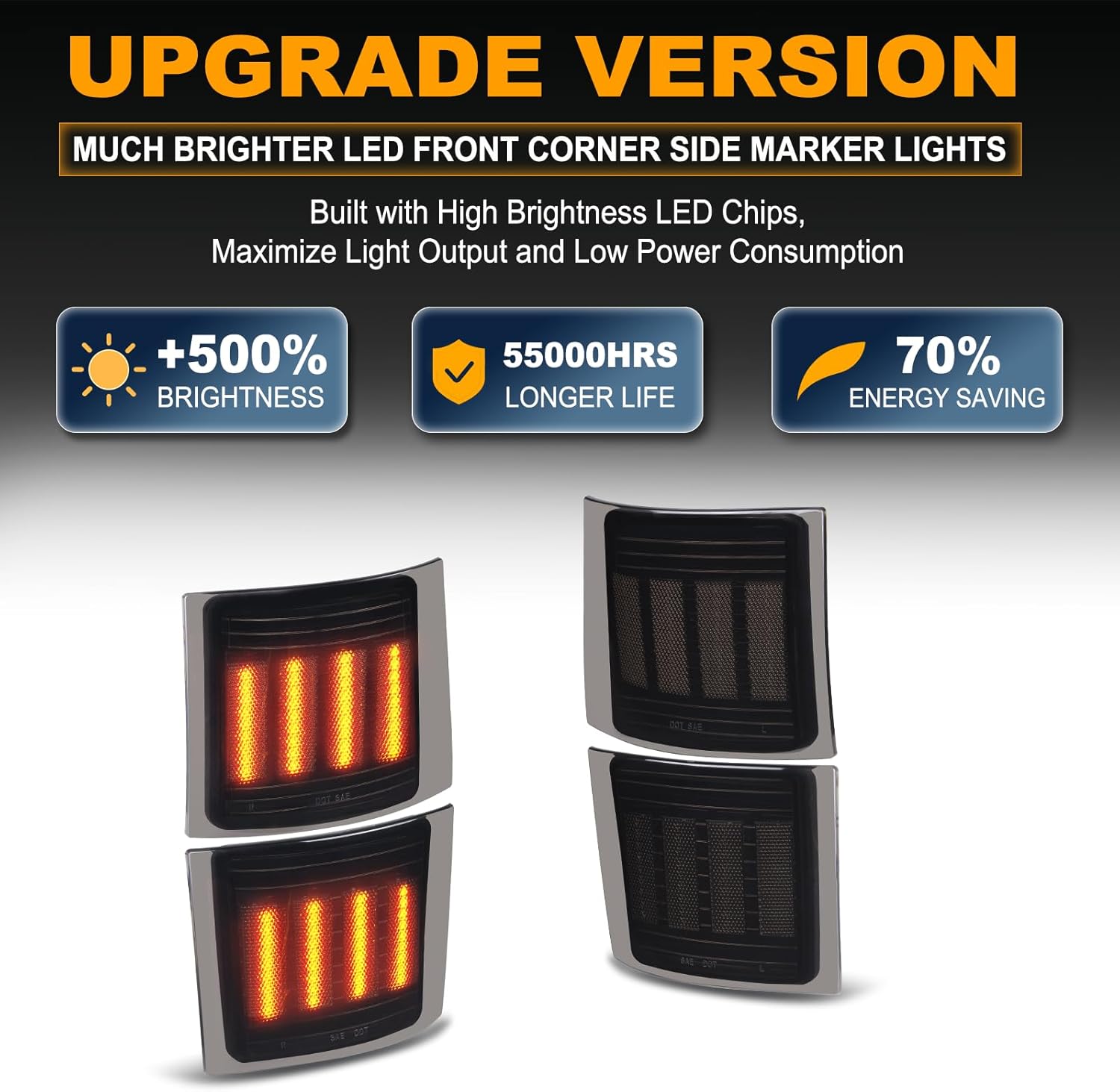 Gempro Sequential Amber LED Corner Side Marker Turn Signal Lights for Chevy C/K 1500 2500 3500 1994-1998 C10 Pickup Truck Silverado Suburban Tahoe Front Grill Lights, 4PCS (Smoked Len)