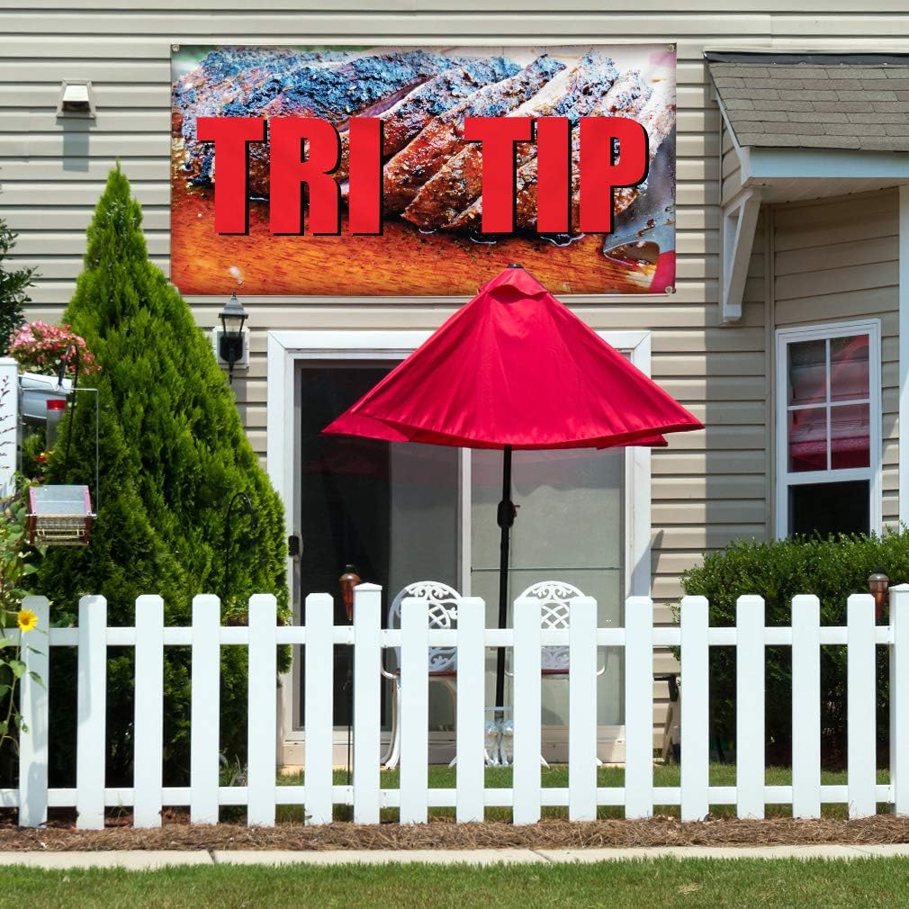 Vinyl Banner Multiple Sizes Tri Tip Restaurant Cafe Bar Restaurant & Food Outdoor Weatherproof Industrial Yard Signs Brown 4 Grommets 16x40Inches