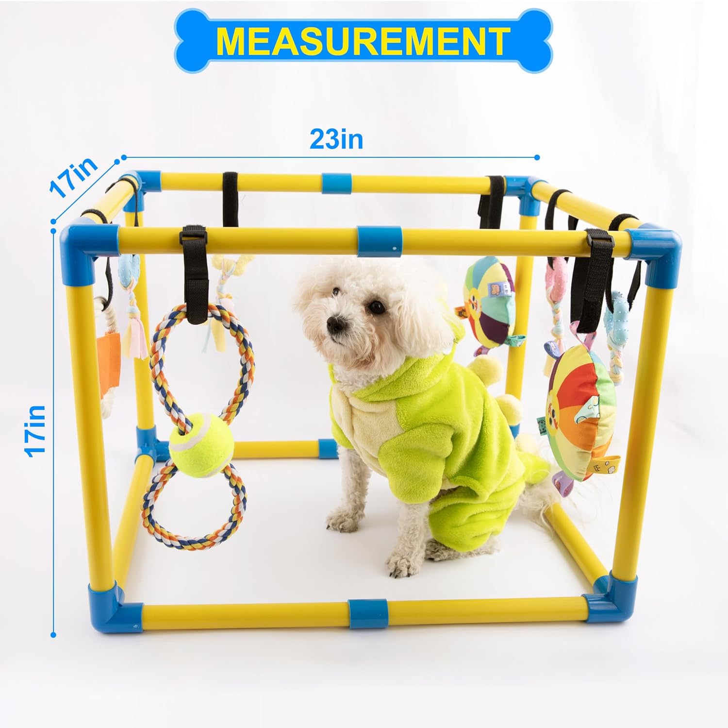 XL Indoor Dog Playground for Puppies (23x17x17in) Adjustable Enrichment Activity Center with 8 Hanging Toys & PVC Frame, Bungee Straps for Small Dogs