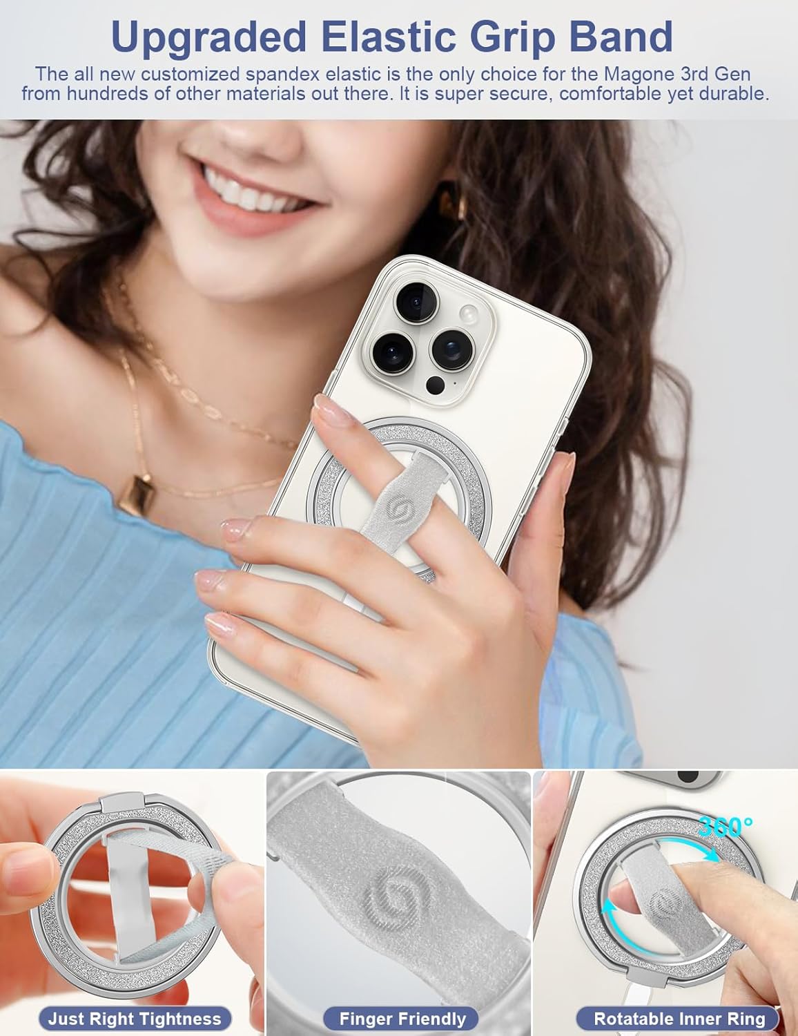 [Stylish Twinkle] EWA MagOne for Magsafe Phone Grip Kickstand [Replaceable Elastic Finger Loop], Mag Safe Ring Holder Stand, Magnetic Phone Accessories for iPhone 17,16,15,14,13,12-(Glitter Silver)