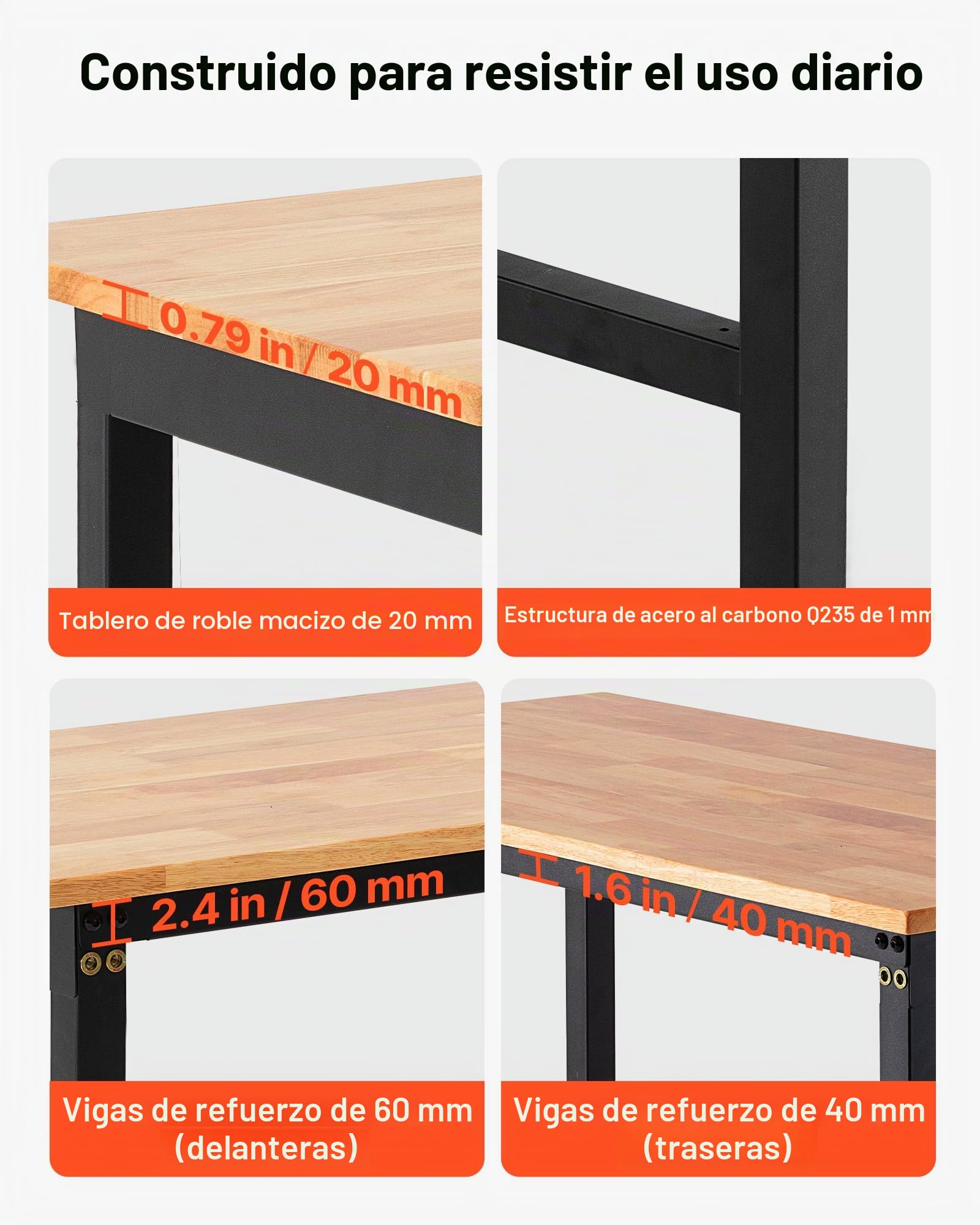 VEVOR Banco de Trabajo 122 x 60 cm, Mesa de Taller Altura Ajustable de 8 Niveles de 67-102 cm, Carga de 680 kg, Mesa de Madera Grosor del Tablero de 2 cm Marco de Metal para Oficina, Garaje, Hogar