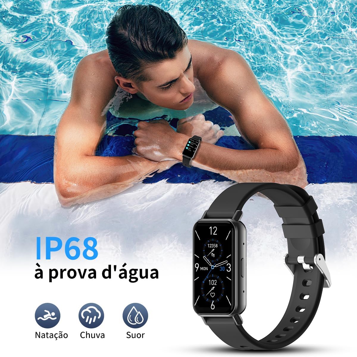 PEJE Band 1,1.45″ TFT Tela, Smartwatchs,IP68 à Prova d‘Água,Relogio Smartwatch Feminino,100+ Modos Esportivos, Notificações Inteligentes, Assistente de Voz, Compatível com iOS/Android（Preto）