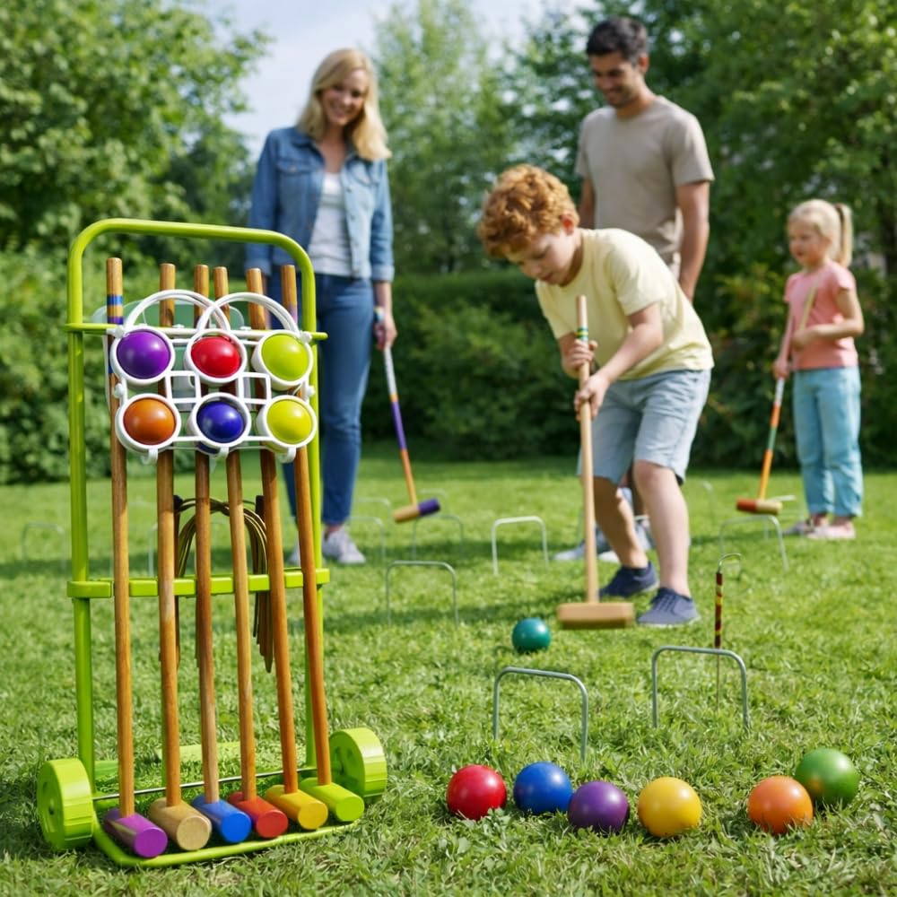 SHOP-STORY Krocket-Set aus Naturholz mit Rollwagen – 6 Schlägel und 6 Kugeln mit Aufbewahrung