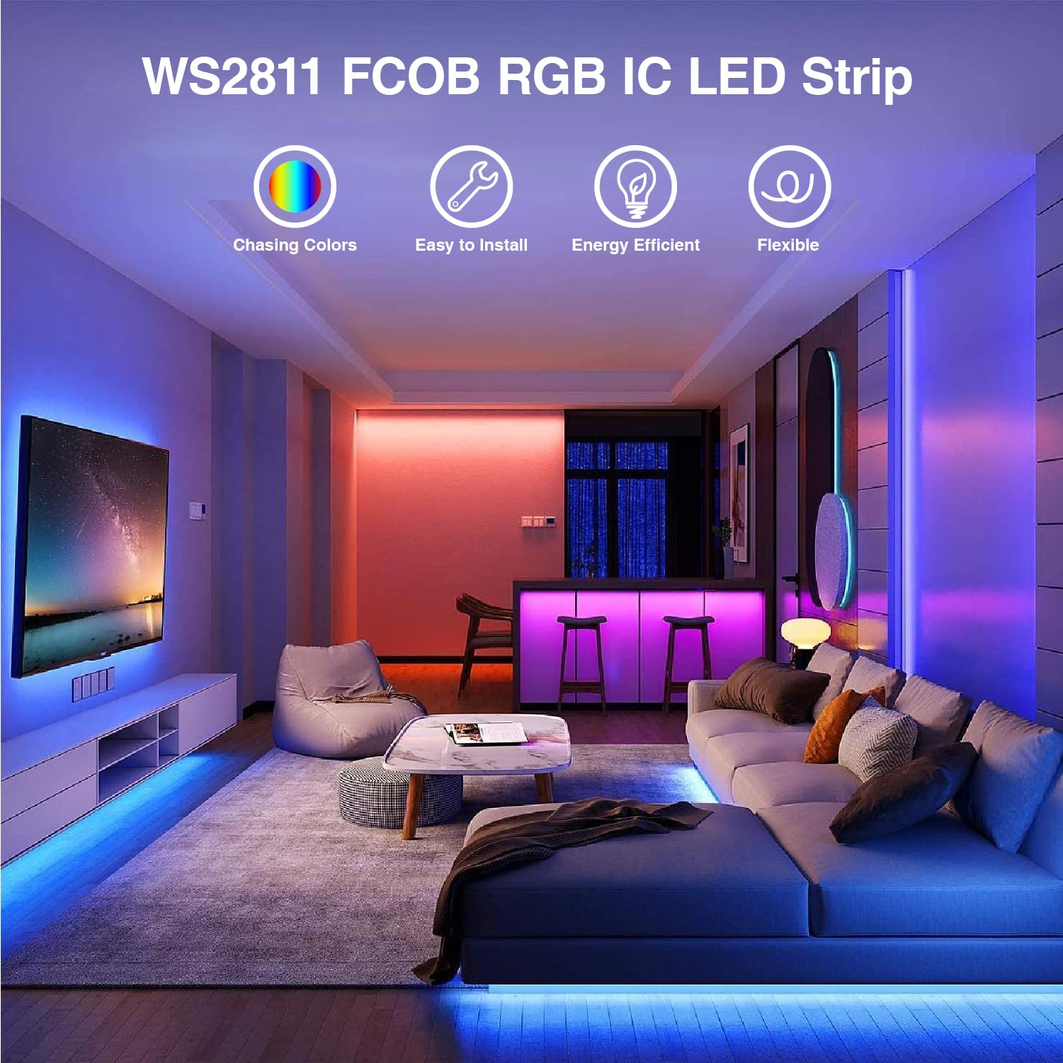 HAMRVL COB RGB LED Strip Light,FCOB WS2811 12V Programmable Flexible High Density Uniform Color Chasing LED Lights 576LED/m 16.4ft Wide 10mm for Home TV Party Game(No Controller and Power Supply)
