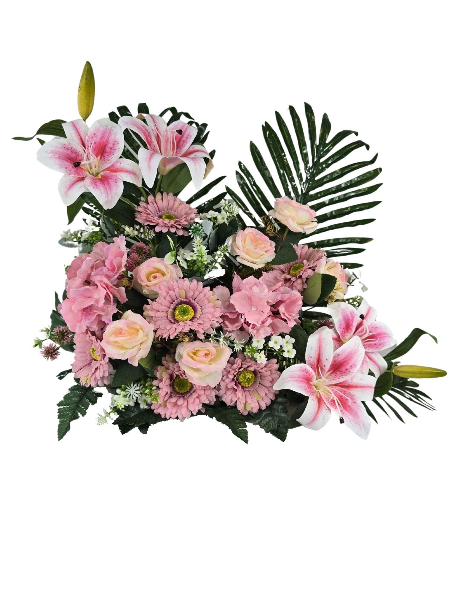 DRW Centro de Flores Artificiales Rosa para Interior y Exterior Sepultura Iglesias Decoracion hogar con liliums y Rosas 70x27x50