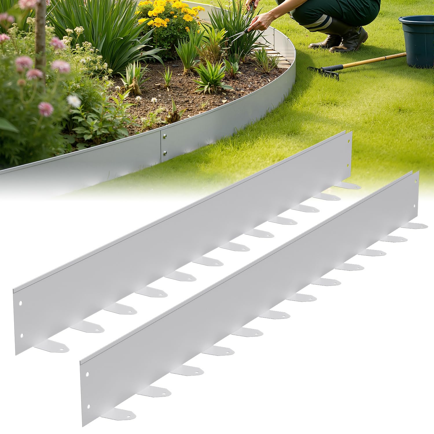 Lot de 25 bordures de pelouse flexibles en métal argenté - 100 cm x 5 cm - Résistant aux intempéries - Installation facile avec ancrage au sol - Bordure de tonte pour parterres de fleurs