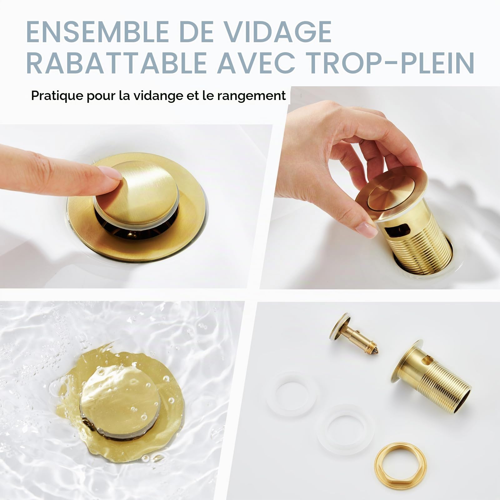 Robinet de Lavabo pour Salle de Bain Rectangulaire avec Pop-up Vidage, Mitigeur Monocommande Monotrou, doré
