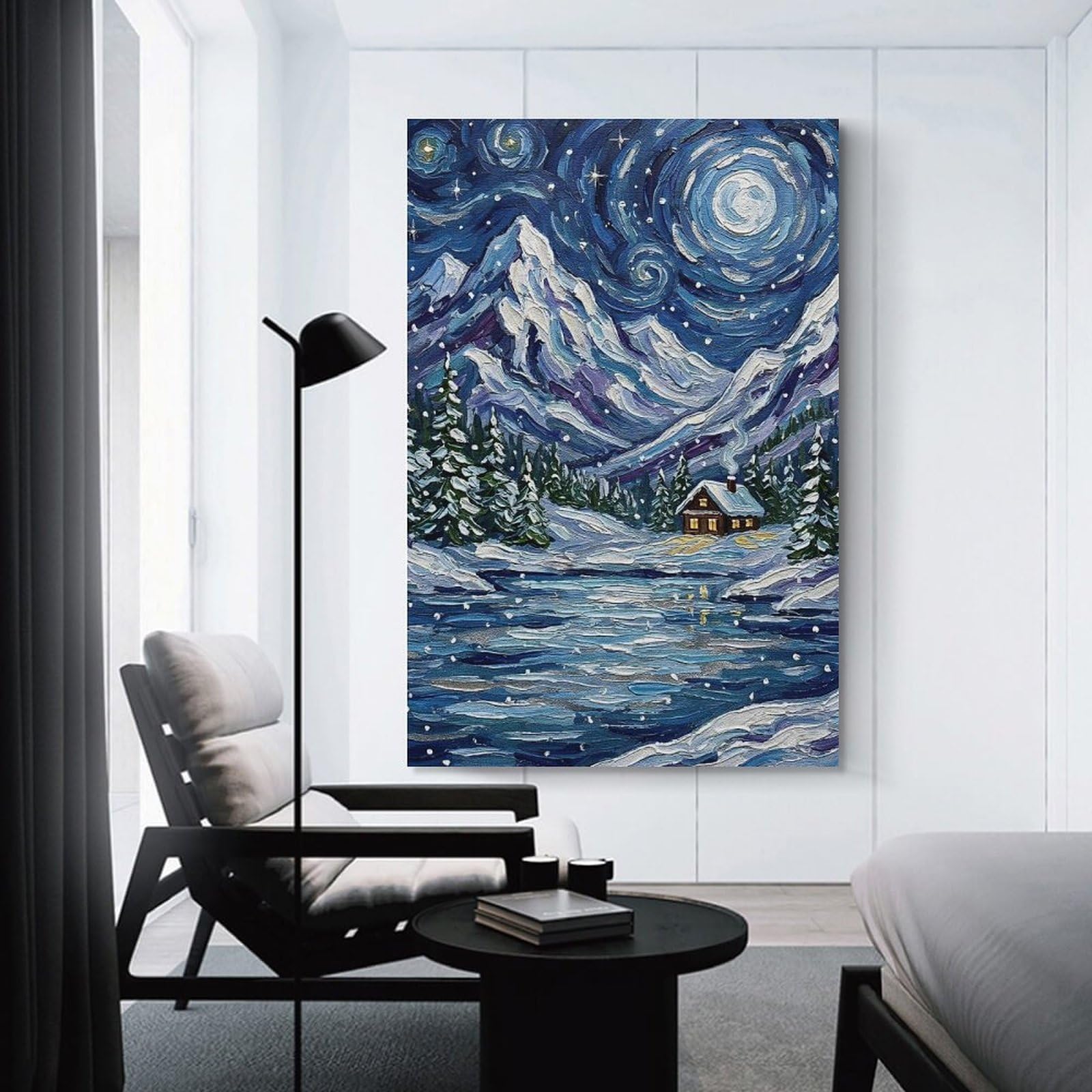 Junmoney Unframe-Style-18 Winter Cabin Under Starry Night Painting Decorative Wall Artwork 20X30inch(50X75cm), For Home Lounge, Bedroom Or Reading Nook, Easy Decor For Gallery Walls