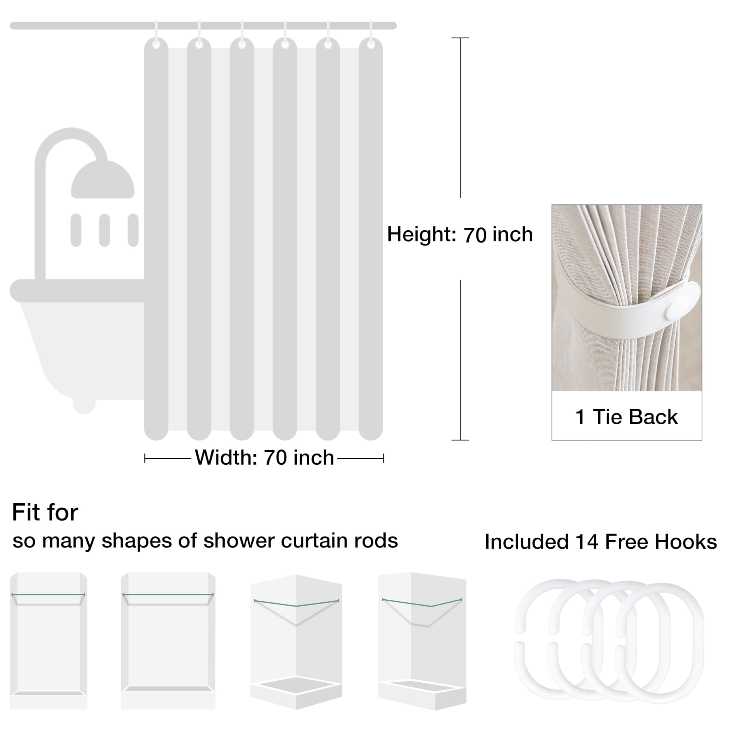 Jubilantex Cortina de ducha plegable de lino para baño, cortina de ducha impermeable, 1 panel con 14 ojales de metal y 1 alzapaños para hotel, 70 x 70 pulgadas