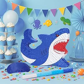 WERNNSAI Shark Piata - Ocean Shark Birthday Party Decorations Kids Boys Pinata with Blindfold and Bat for Under the Sea Party Supplies Baby Shower Birthday Game Set