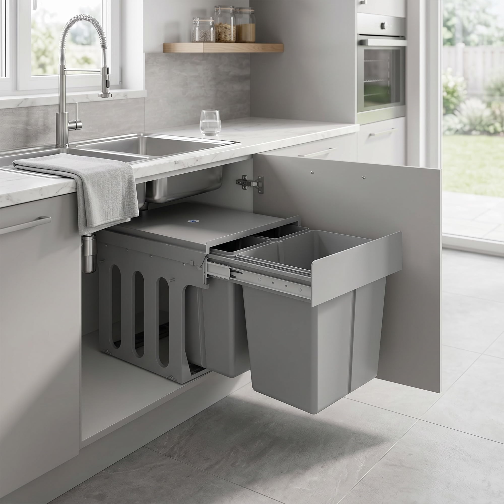 HOMCOM Pattumiera Estraibile Sottolavello 48x34.3x35.1 cm Grigio Chiaro | per Raccolta Differenziata 31L, Bidone Rifiuti, 3 Secchi Rimovibili, con Piano Superiore
