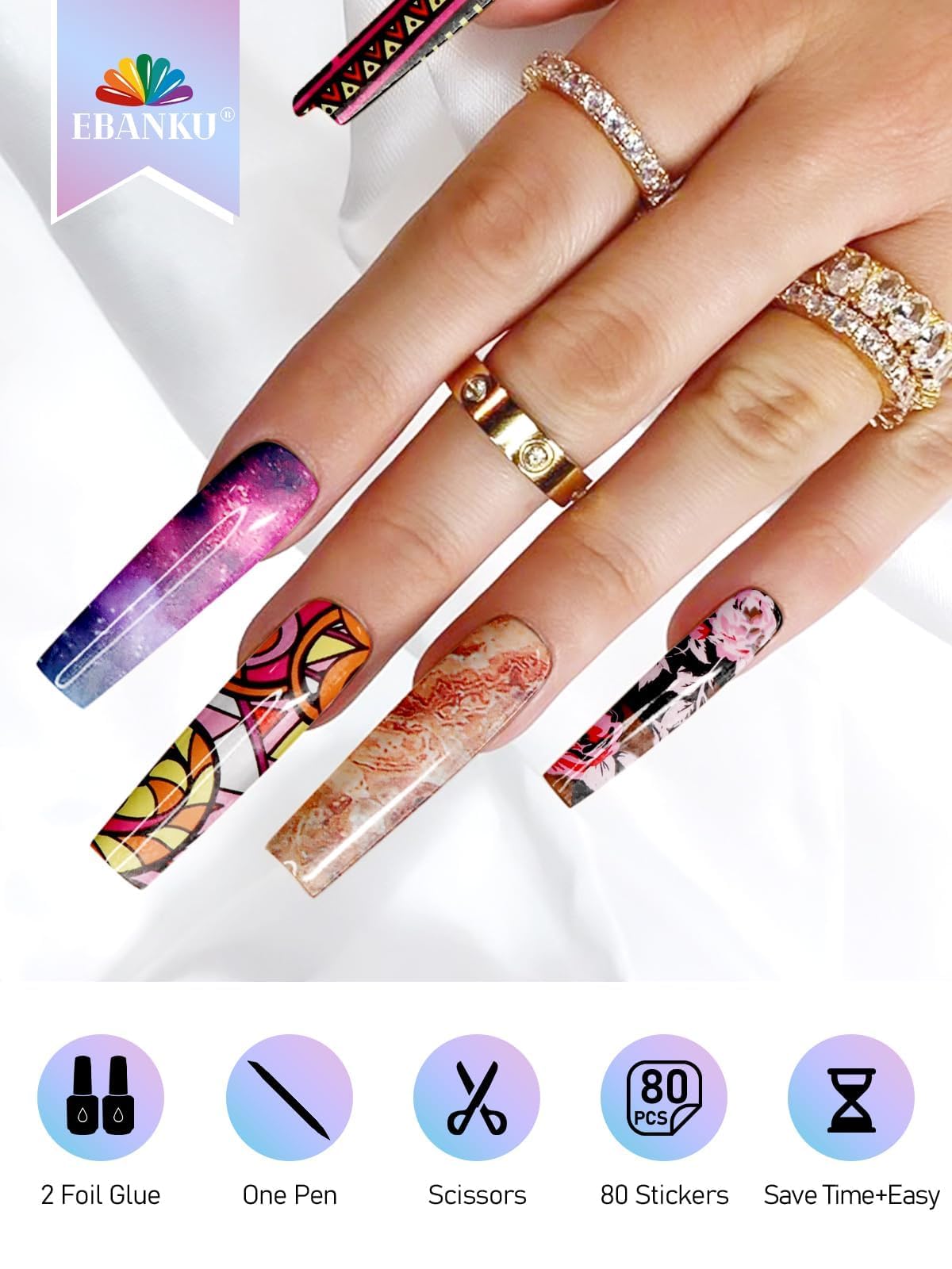 EBANKU Set di colla e gel per nail art, 30 ml di colla per unghie con 80 adesivi transfer a forma di fiore, farfalla e pizzo classico per manicure fai da te o salone, lampada UV LED necessaria