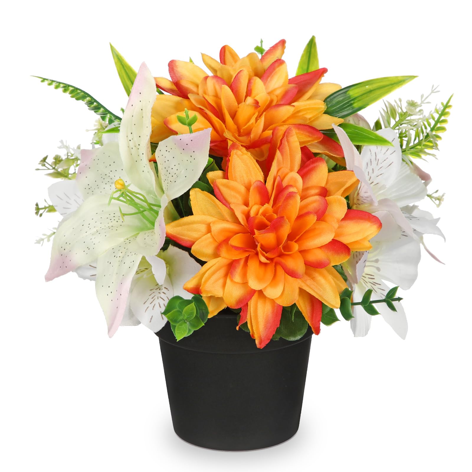 Briful 9.8" Small Artificial Flowers Orange Dahlia Beige Lilies Silk Flowers in Pot, 25 CM Fake Flower for Decoration Silk Dahlias for Outdoor Indoor Decor