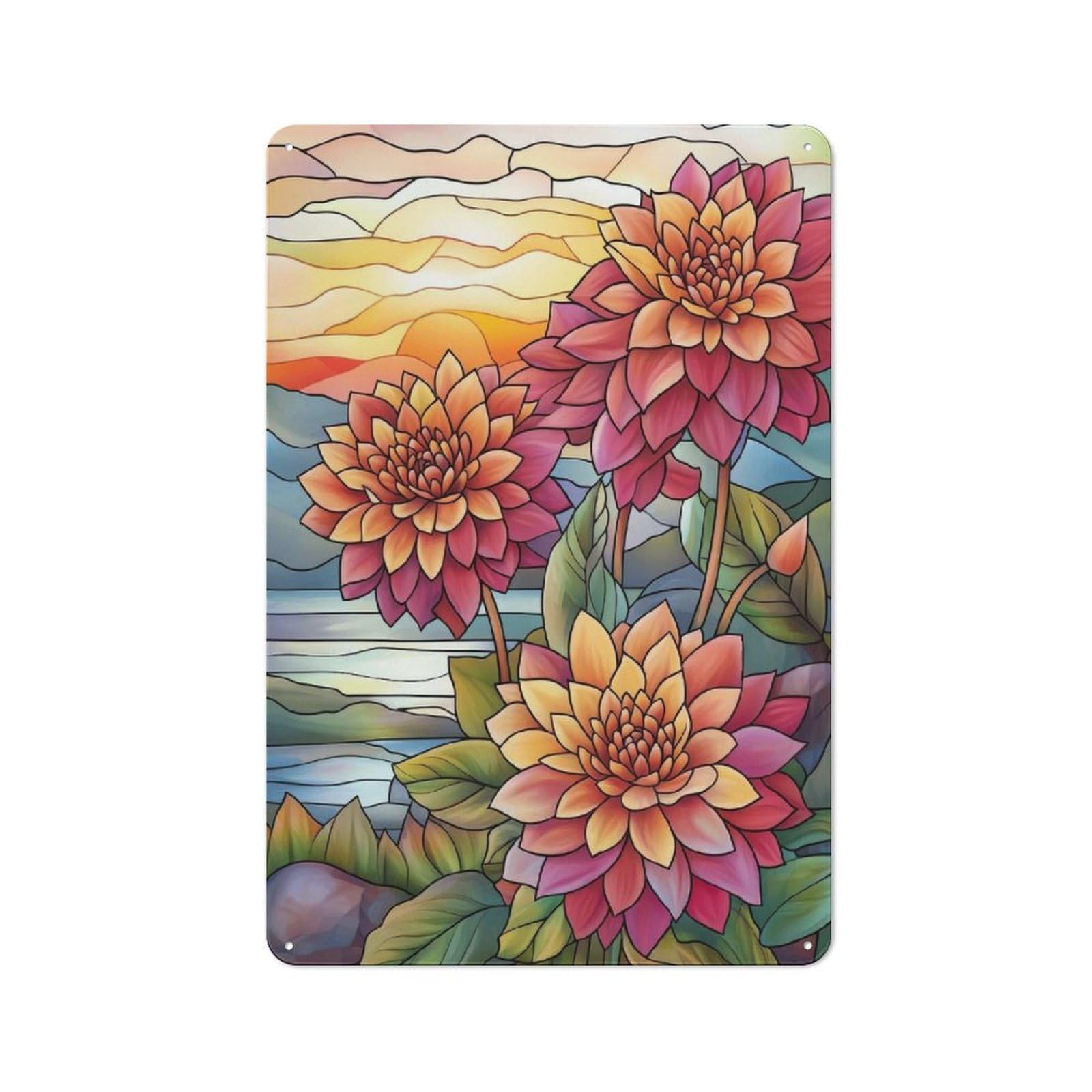Junmoney Style-8 Dahlia Sunset Distressed Look Metal Wall Decor 30X20cm, Vintage Tin Sign For Living Room, Hallway, Kitchen Or Cafe