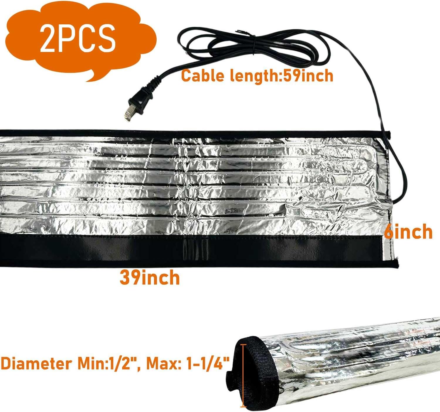 38.5" x 6" Water Pipe Heat Blanket Faucet Heating Blanket Winter Heating Tape for Metal and Plastic Pipes, 120V, Thermostat Max Temp 140˚F, OD Max: 1-1/4" (2)
