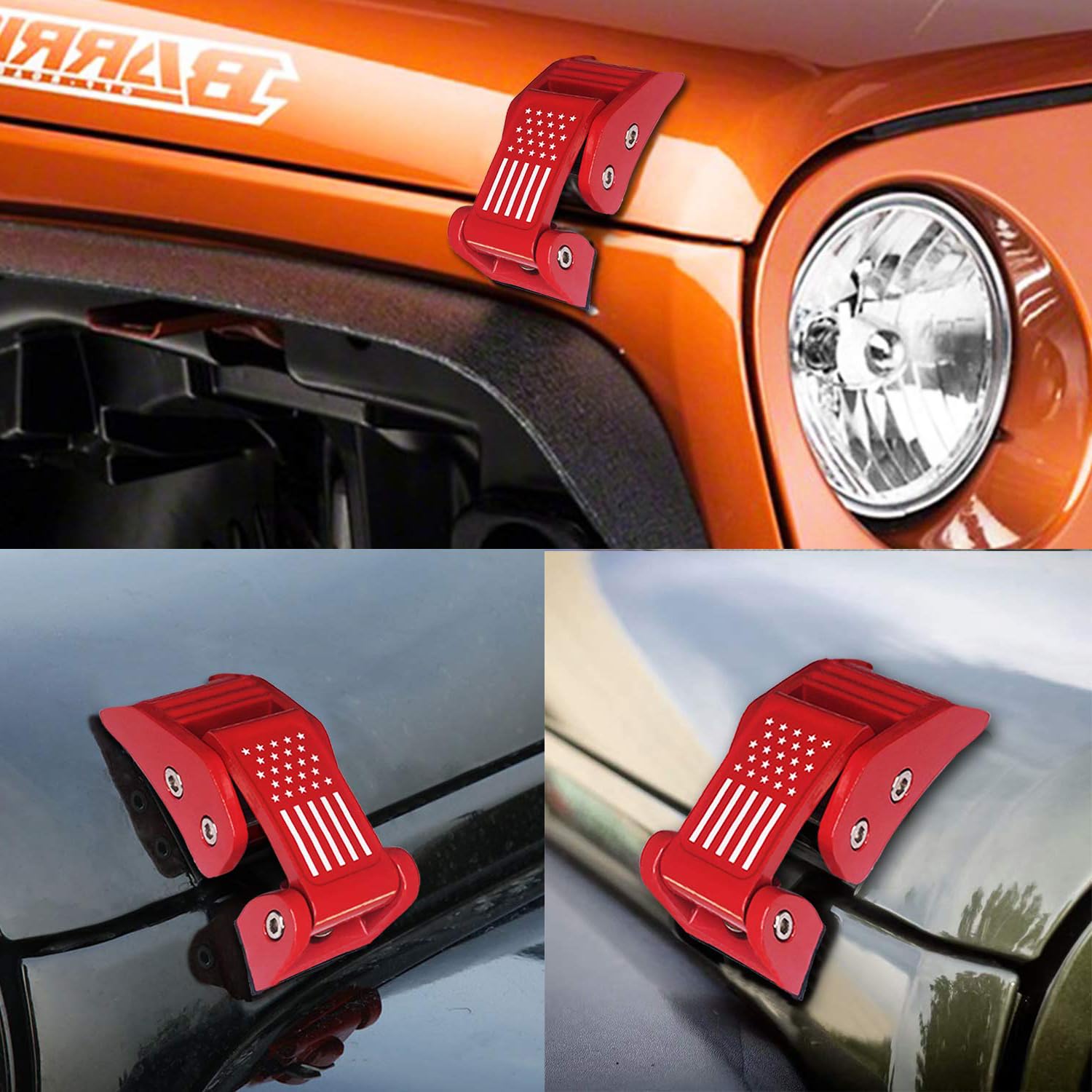 Motorhauben-Verschluss-Set aus Aluminium im US-Flaggen-Design for Jeep Wrangler JK JKU (2007-2018) und for Jeep Wrangler JL JLU (2018-2020) (Rot)