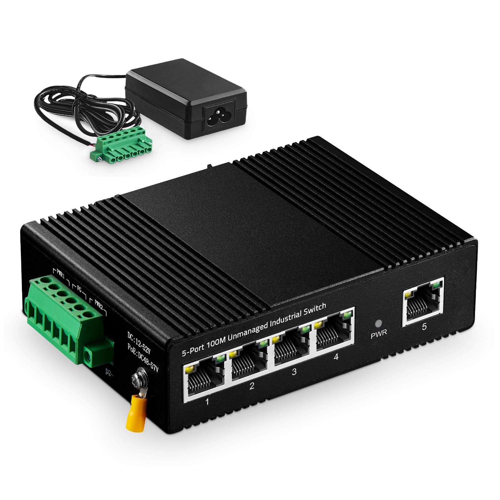 Binardat Switch Ethernet Industriel 5 Ports sur Rail DIN, 4 Ports et 1 Liaison Montante 10/100 Mbps, Montage Mural sans Ventilateur, avec Une Alimentation