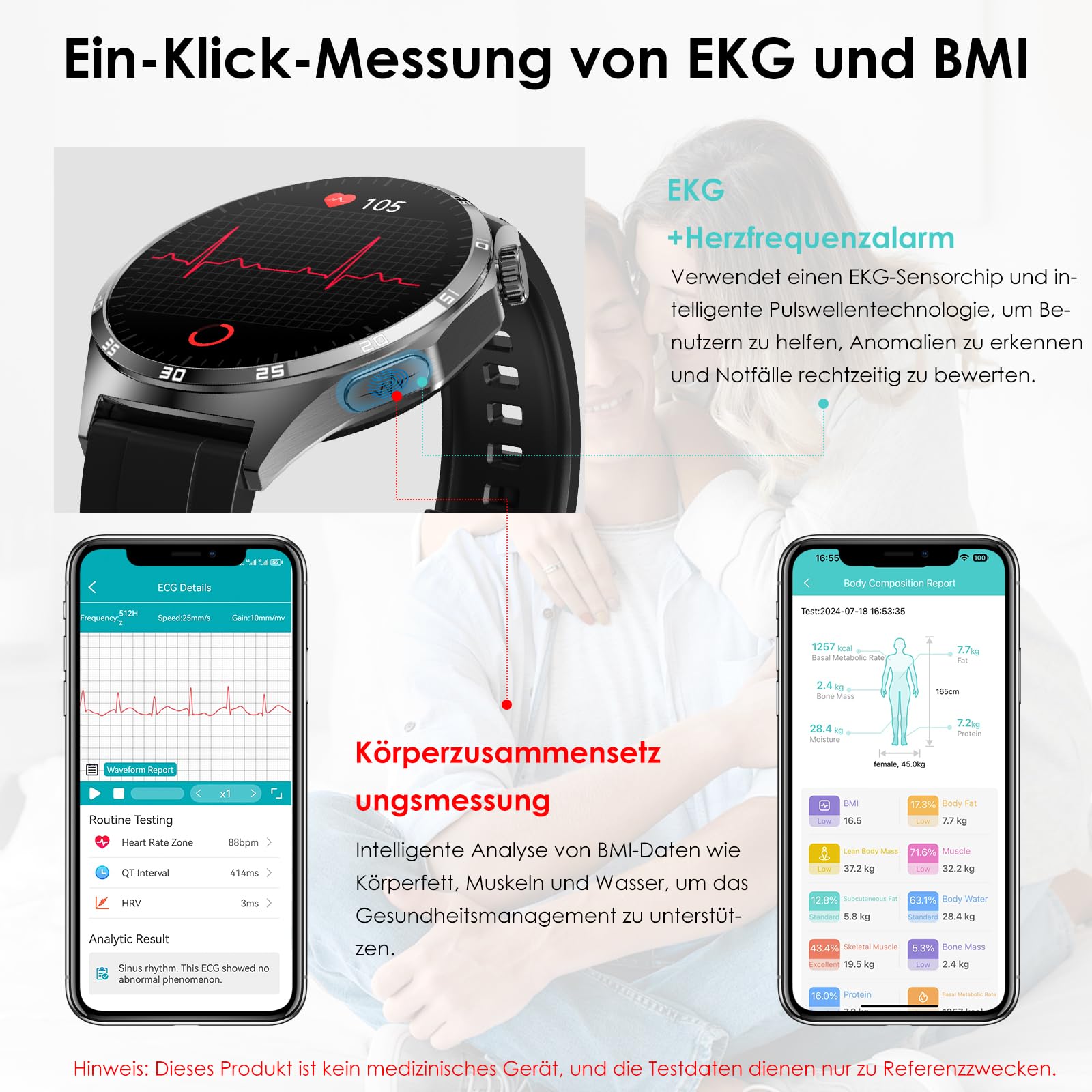 2026 Neu Smartwatch Herren mit EKG/Blutdruck/Harnsäure/Schlaf-Monitor/Emotion/Stimmung/BMI Rund 1,43"AMOLED Gesundheitsuhr mit Herzfrequenz SPO2,Bluetooth-Anrufe SOS-Notruf Fitnessuhr für iOS/Android