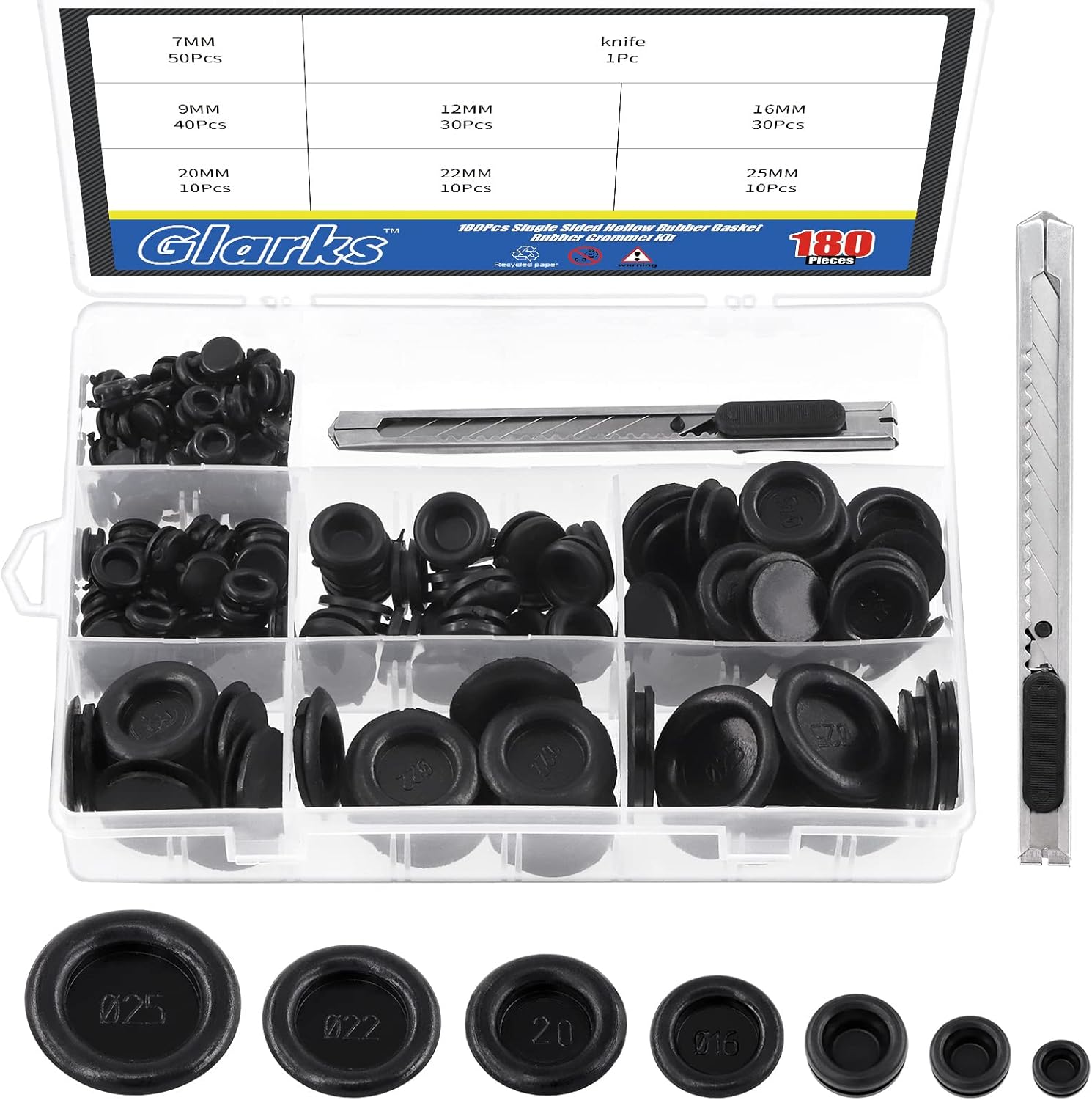 Glarks 181Pcs Closed Rubber Grommet Assortment, 7 Size Firewall Hole