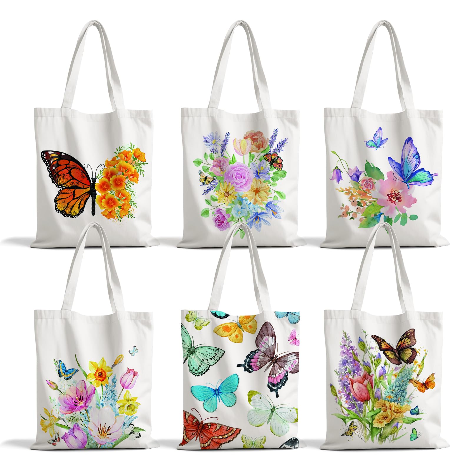 Lyosehy 6PCS Flower Butterfly Canvas Tote Bags 15"x13" Spring Flower Goodie Grocery Luggage Canvas Tote Bulk for Birthday Party Candy Shopping Bags