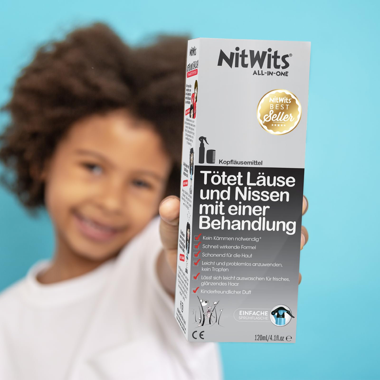 NitWits All-In-One Läusespray – Läusemittel für Kinder – Entfernt Läuse & Nissen in 20 Minuten – Mit Kamm zur Nachbehandlung – 1 x 120 ml Spray
