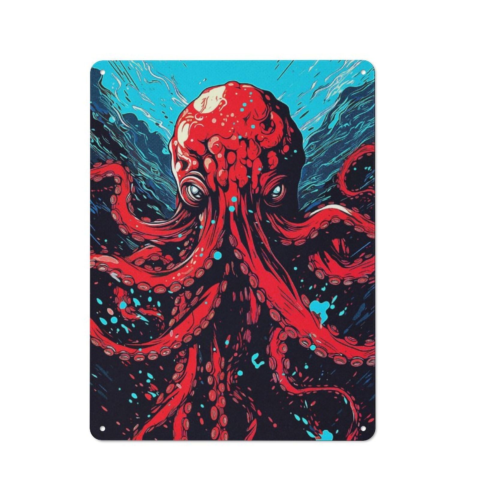 Junmoney Red Octopus Clean Industrial Metal Wall Decor 40X30cm, Decorative Metal Plaque For Workspace, Cafe, Hallway Or Garage