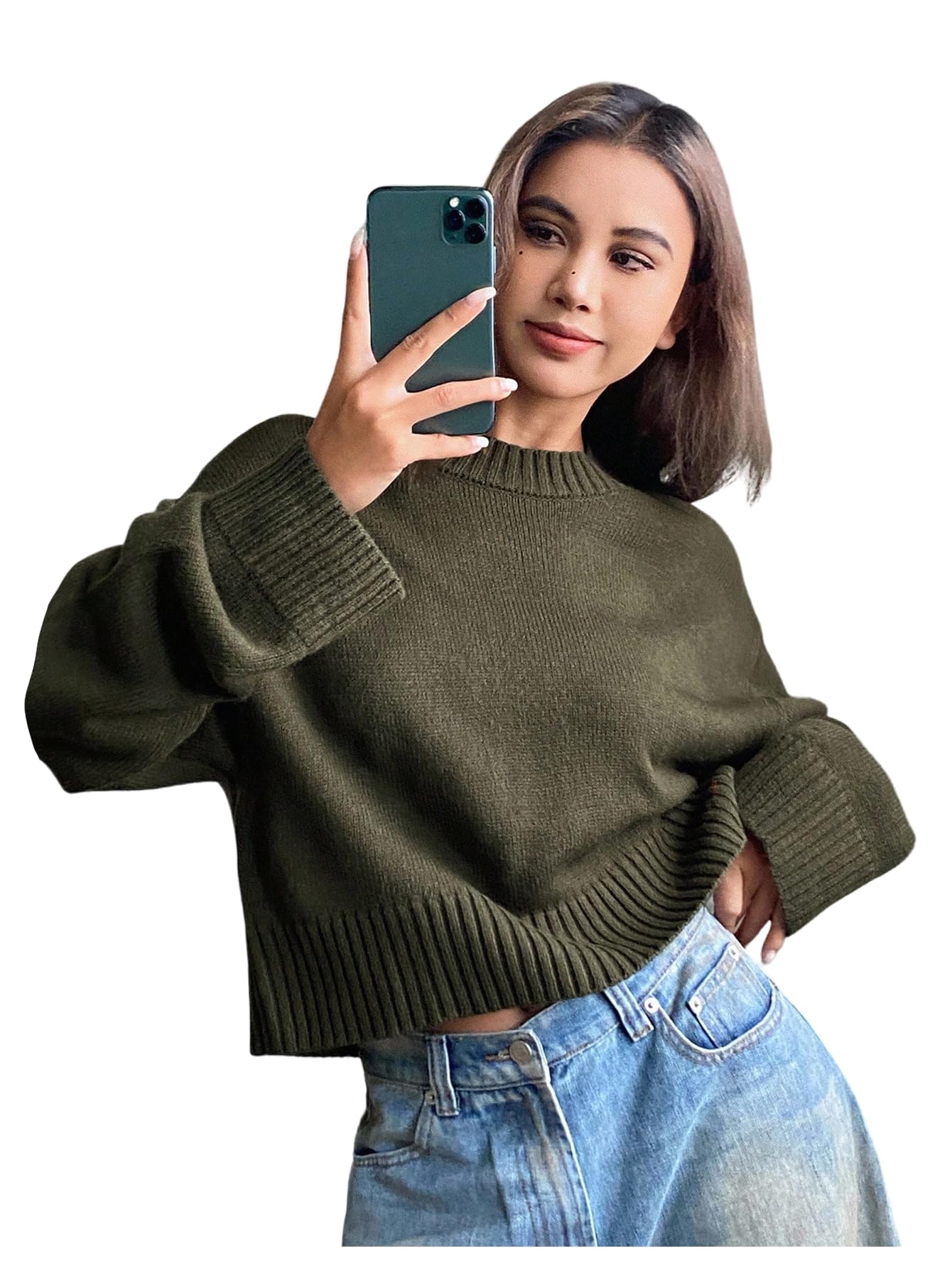 SweatyRocks Womens Crew Neck Long Sleeve Sweater Casual Drop Shoulder Loose Knitted Pullover Tops