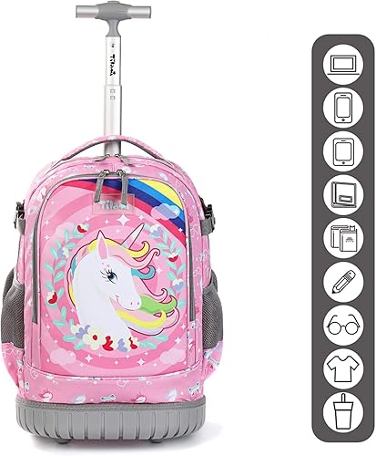 Miniatura 3 de Tilami Mochila rodante con diseño de ruedas de carretilla, lindo estampado de dibujos animados para niños y niñas, viajes, escuela, viaje de