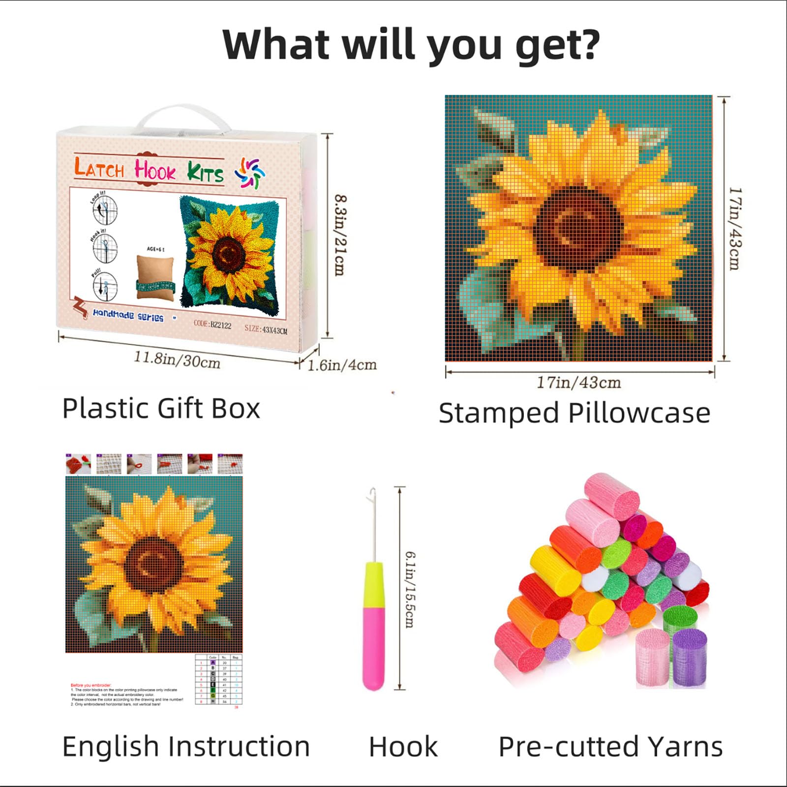 A Sunflower DIY Latch Hook Pillow Kits for Adults Printed Pillowcase Crochet Yarns Hooking Handmade Pillow Cover Cushion for Home Sofa Decoration 17x17inch