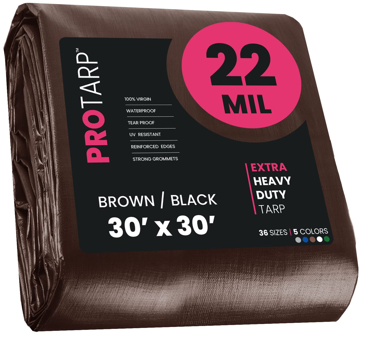 Extreme Heavy Duty 22 Mil Tarp Cover, Waterproof, UV Resistant, Rip and Tear Proof, Poly Tarpaulin with Reinforced Edges for Roof, Camping, Patio, Pool, Boat. (Brown/Black 30′ X 30′)