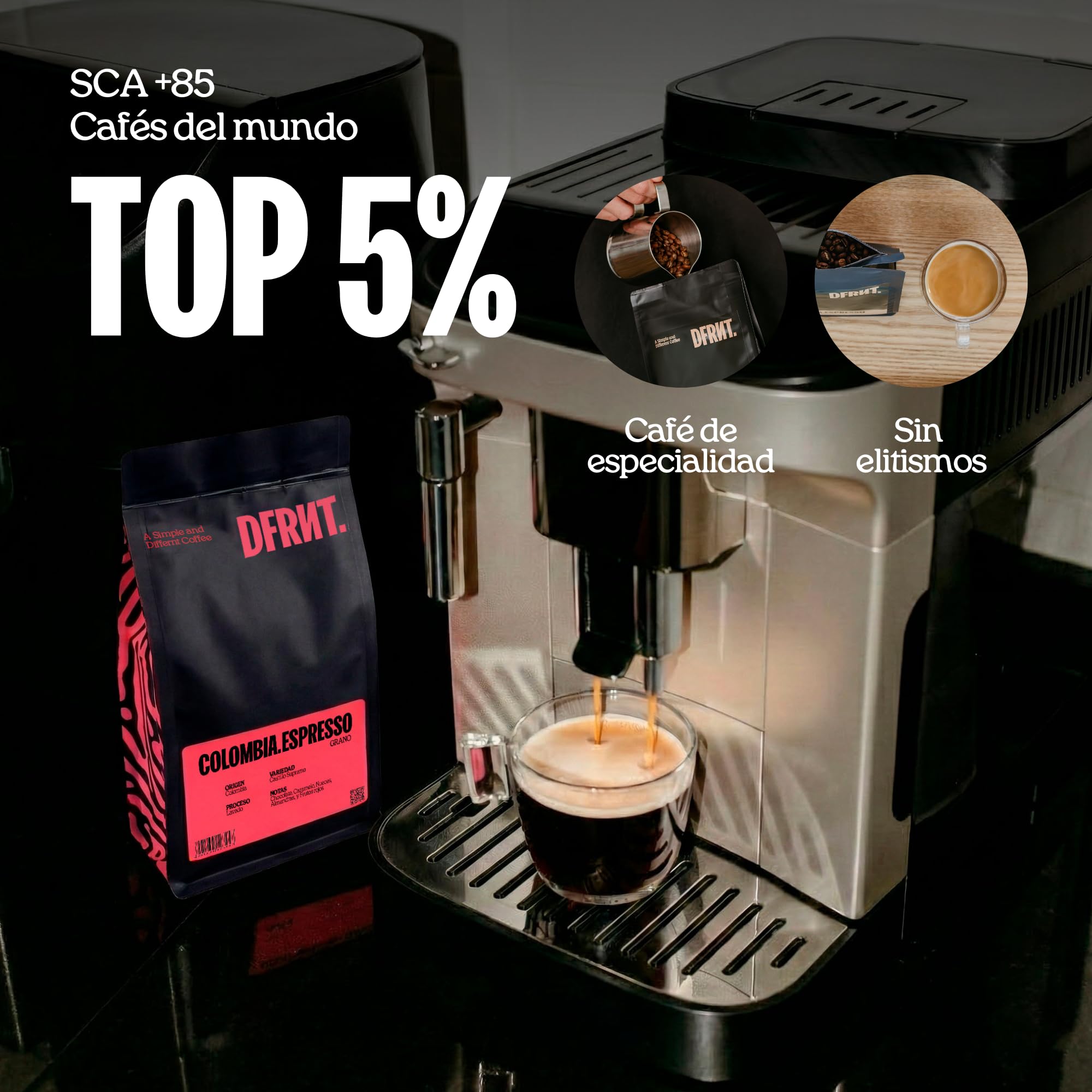 DFRNT. Colombia Espresso 1 kg – Café de Especialidad en Grano (88 Puntos SCA) – Specialty Coffee Beans 100% Arábica – Notas Chocolate y Caramelo – Ideal para Espresso – Tueste Reciente en España