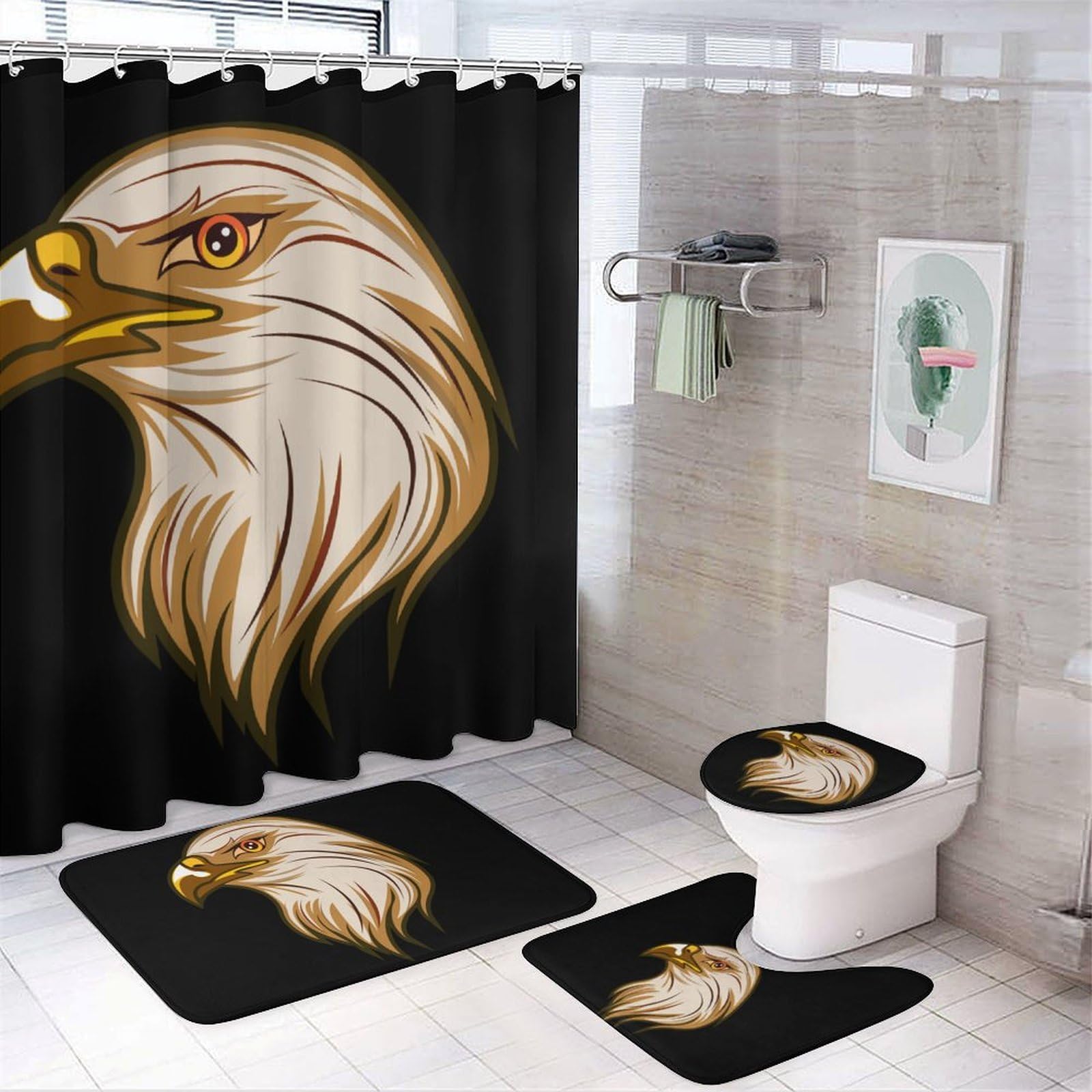 CGSBNGHA Americans-Bald Ea-gles Flag Shower Curtain Set 4 Piece Bathroom Sets with Rugs Toilet Lid Cover And U-Shaped Floor Mat