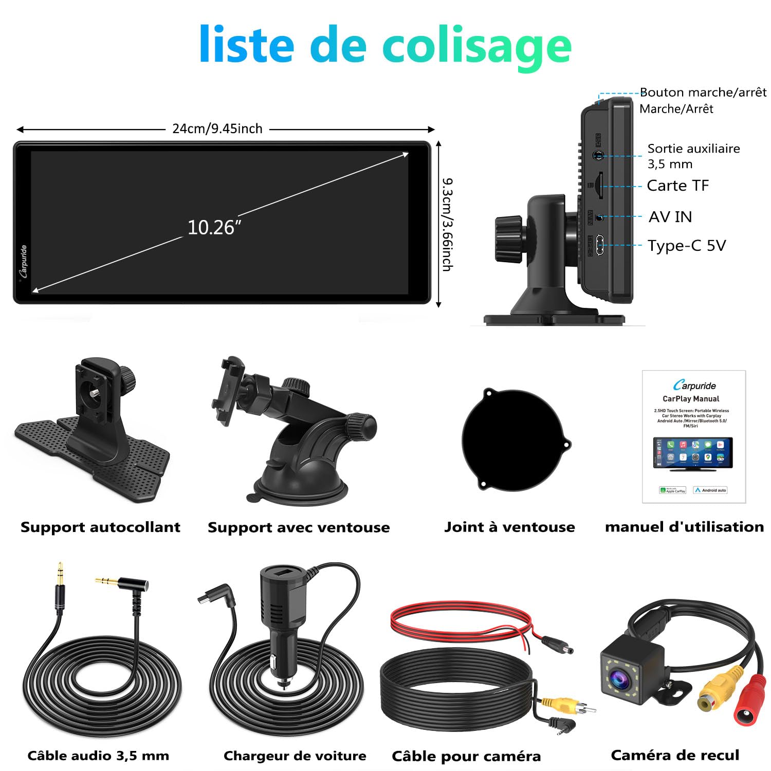 Carplay Écran Portable, Carpuride V92R sans Fil Carplay et Android Auto, écran Tactile HD 10,26 Pouces 1080p avec véritable caméra de recul 720p/BT 5.0/Support de Liaison Miroir pour Camion