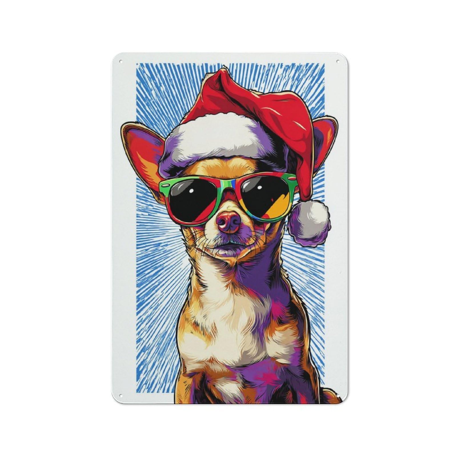 Junmoney Chihuahua In Santa Hat Festive Fun Vintage Metal Sign 30X20cm For Lounge Or Reading Corner, For Garage, Workshop And Man Cave Decoration