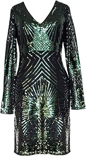 Women's V Neck Sequin Bodycon Midi Dress Long Sleeve Stretchy Sparkly Co...